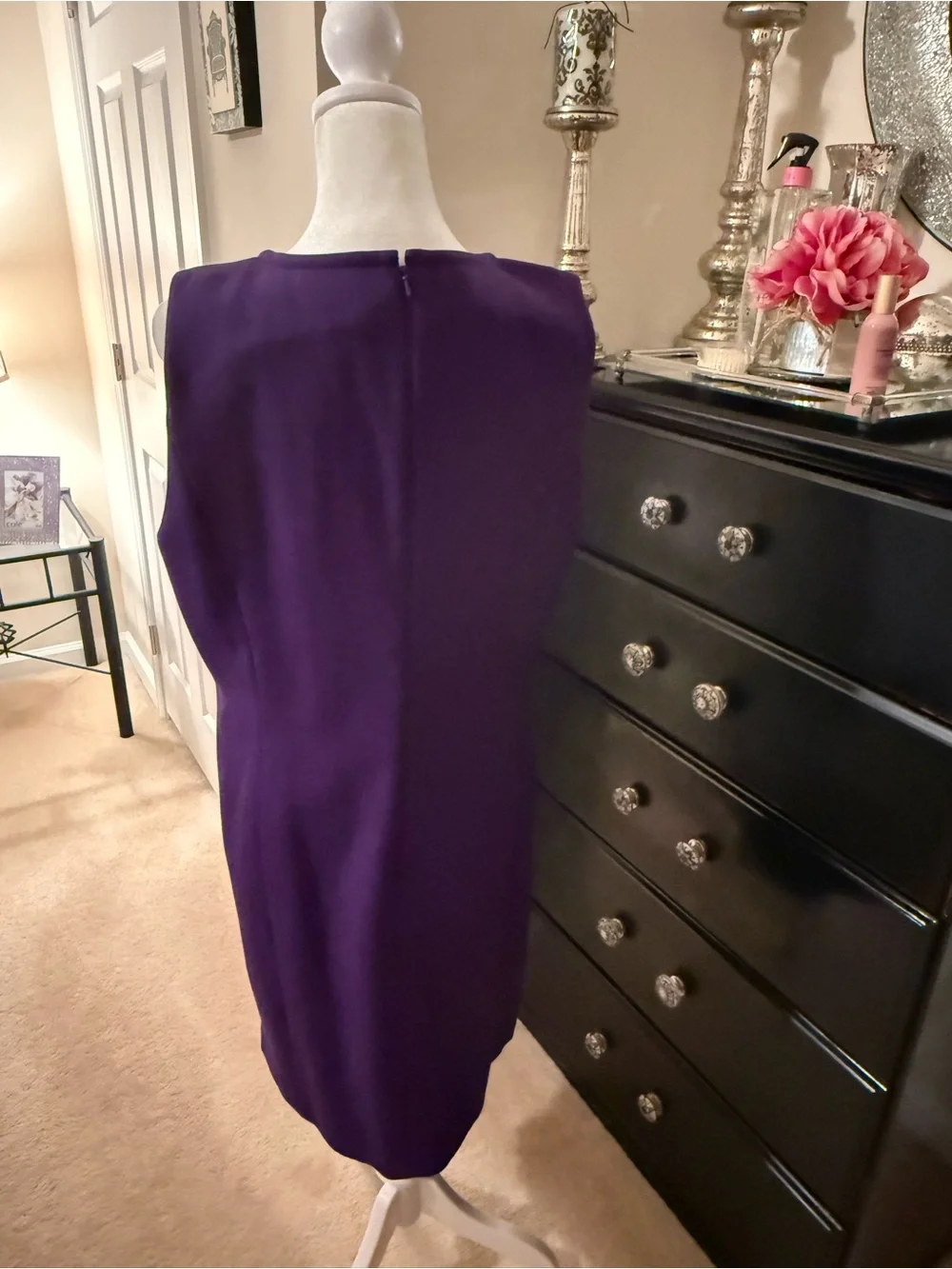 Michael Kors Purple V-Neck Midi Sheath Dress with Gold Accent